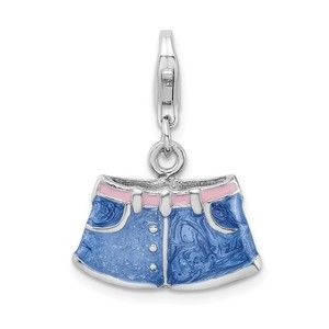 925 Sterling Silver 3-D Enameled Blue Jean Shorts Bracelet Charm Lobster Clasp